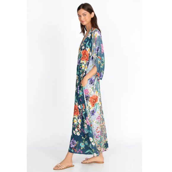 Johnny Was Sunrise Surf Swim Resort Cover Up Long Dress V Neck Flower Blue NEW - Picture 6 of 10